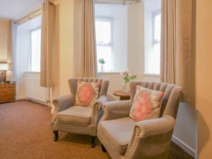 Seating area with two armchairs in a hotel room