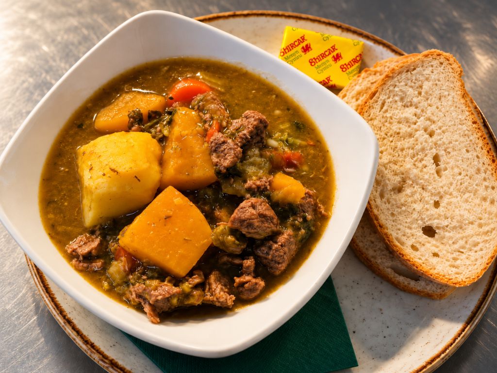 Hearty winter stew with beef, potato and root vegetables, served with bread and Welsh butter