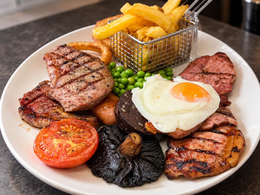 Mixed grill with steak, gammon, black pudding, fried egg, grilled tomato and mushroom, chips and onion rings